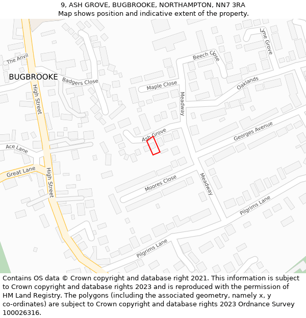9, ASH GROVE, BUGBROOKE, NORTHAMPTON, NN7 3RA: Location map and indicative extent of plot