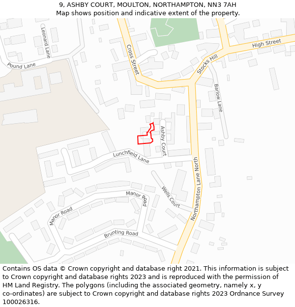 9, ASHBY COURT, MOULTON, NORTHAMPTON, NN3 7AH: Location map and indicative extent of plot