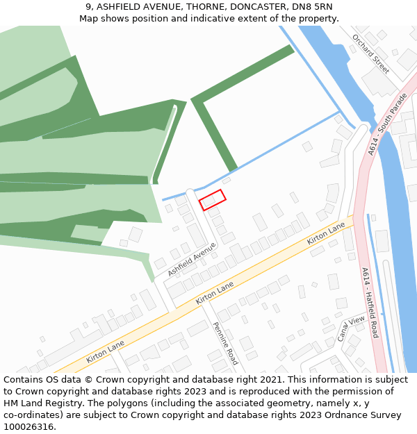 9, ASHFIELD AVENUE, THORNE, DONCASTER, DN8 5RN: Location map and indicative extent of plot