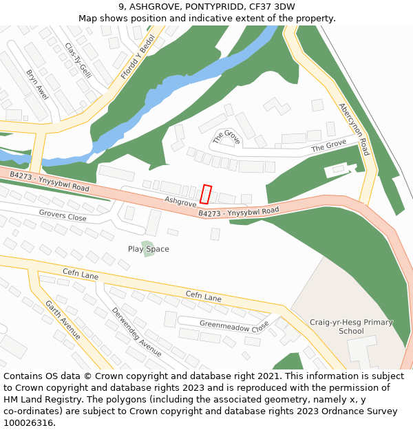 9, ASHGROVE, PONTYPRIDD, CF37 3DW: Location map and indicative extent of plot