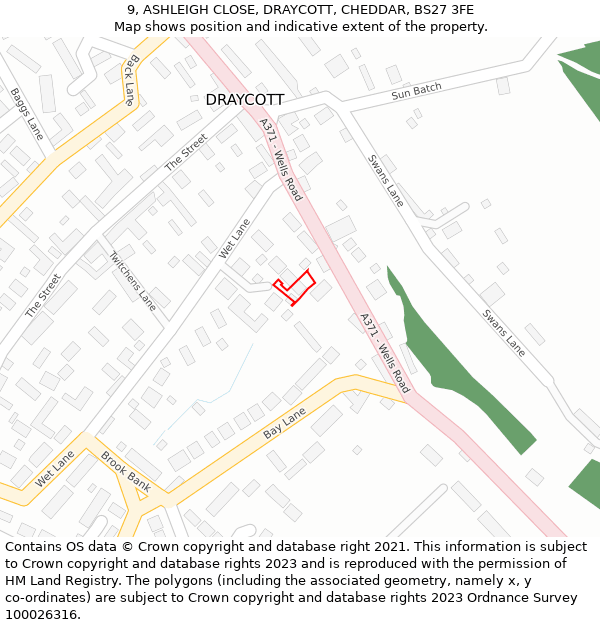 9, ASHLEIGH CLOSE, DRAYCOTT, CHEDDAR, BS27 3FE: Location map and indicative extent of plot