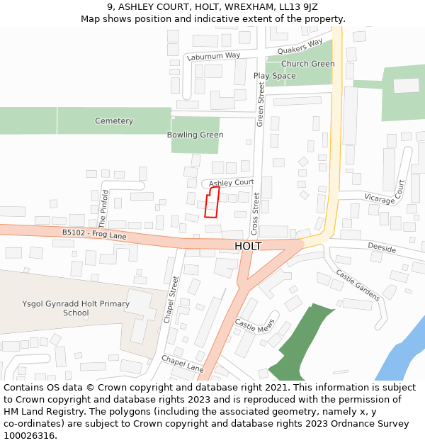 9, ASHLEY COURT, HOLT, WREXHAM, LL13 9JZ: Location map and indicative extent of plot