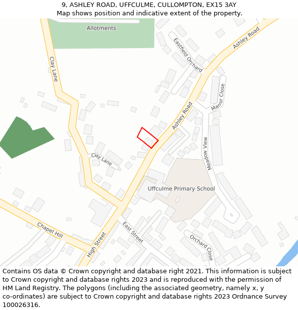 9, ASHLEY ROAD, UFFCULME, CULLOMPTON, EX15 3AY: Location map and indicative extent of plot