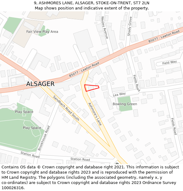 9, ASHMORES LANE, ALSAGER, STOKE-ON-TRENT, ST7 2LN: Location map and indicative extent of plot