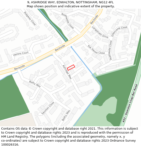 9, ASHRIDGE WAY, EDWALTON, NOTTINGHAM, NG12 4FL: Location map and indicative extent of plot