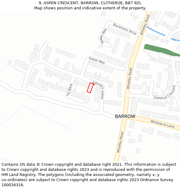 9, ASPEN CRESCENT, BARROW, CLITHEROE, BB7 9ZL: Location map and indicative extent of plot