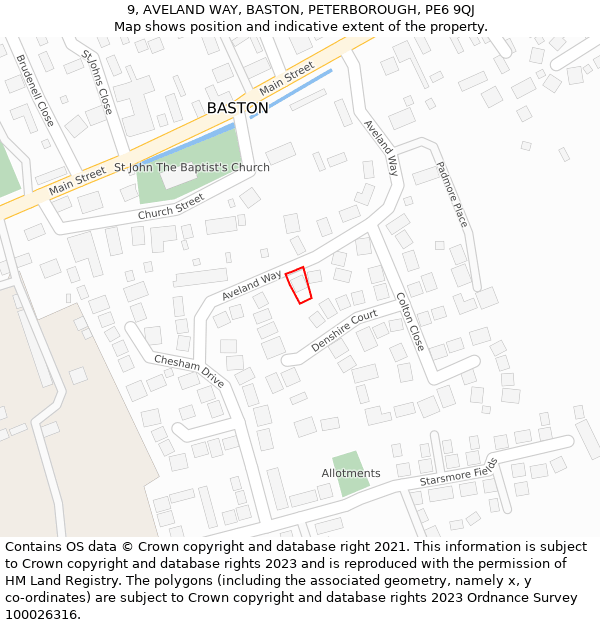 9, AVELAND WAY, BASTON, PETERBOROUGH, PE6 9QJ: Location map and indicative extent of plot