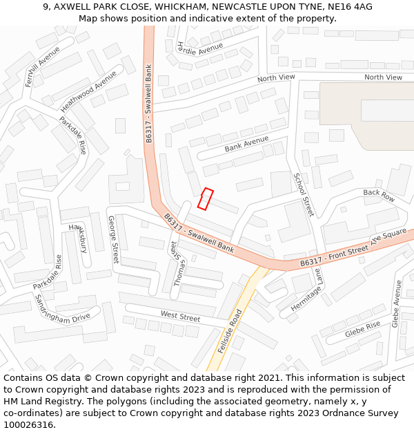 9, AXWELL PARK CLOSE, WHICKHAM, NEWCASTLE UPON TYNE, NE16 4AG: Location map and indicative extent of plot