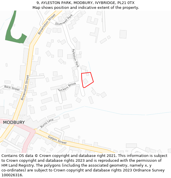 9, AYLESTON PARK, MODBURY, IVYBRIDGE, PL21 0TX: Location map and indicative extent of plot