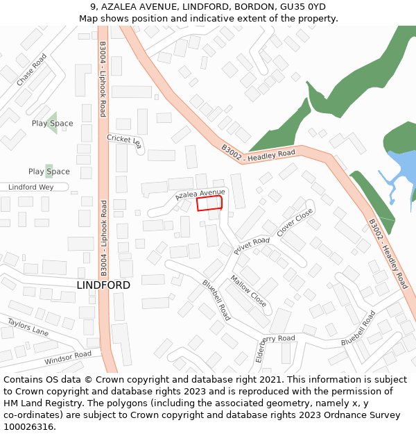 9, AZALEA AVENUE, LINDFORD, BORDON, GU35 0YD: Location map and indicative extent of plot