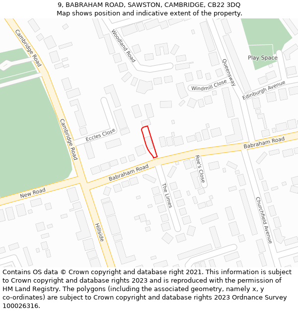 9, BABRAHAM ROAD, SAWSTON, CAMBRIDGE, CB22 3DQ: Location map and indicative extent of plot