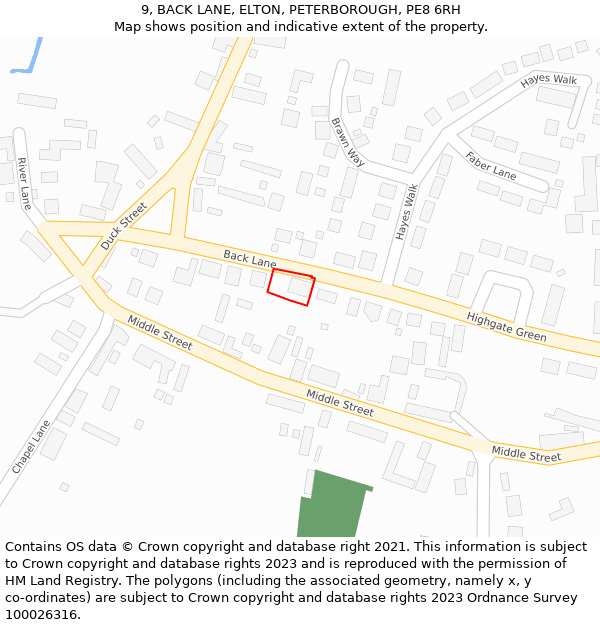 9, BACK LANE, ELTON, PETERBOROUGH, PE8 6RH: Location map and indicative extent of plot