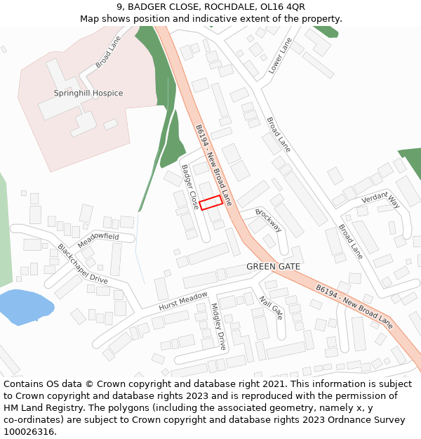 9, BADGER CLOSE, ROCHDALE, OL16 4QR: Location map and indicative extent of plot