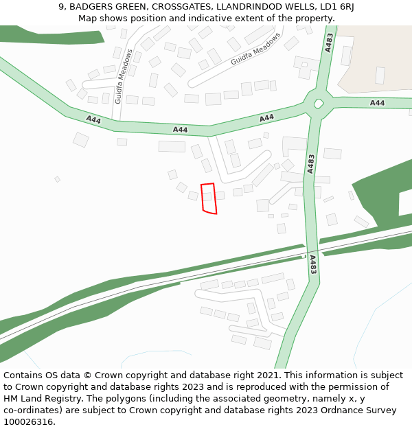 9, BADGERS GREEN, CROSSGATES, LLANDRINDOD WELLS, LD1 6RJ: Location map and indicative extent of plot