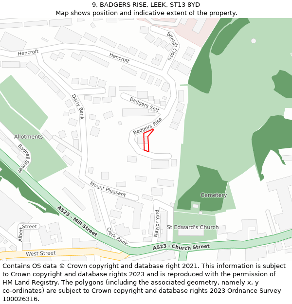 9, BADGERS RISE, LEEK, ST13 8YD: Location map and indicative extent of plot