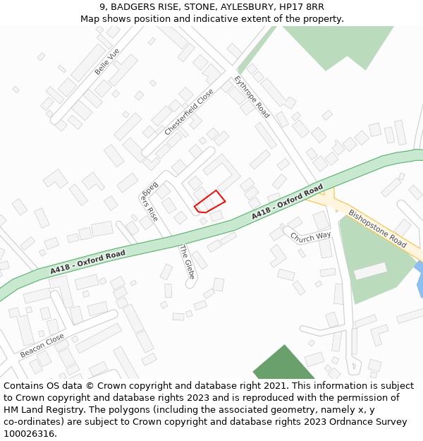 9, BADGERS RISE, STONE, AYLESBURY, HP17 8RR: Location map and indicative extent of plot