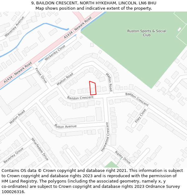 9, BAILDON CRESCENT, NORTH HYKEHAM, LINCOLN, LN6 8HU: Location map and indicative extent of plot