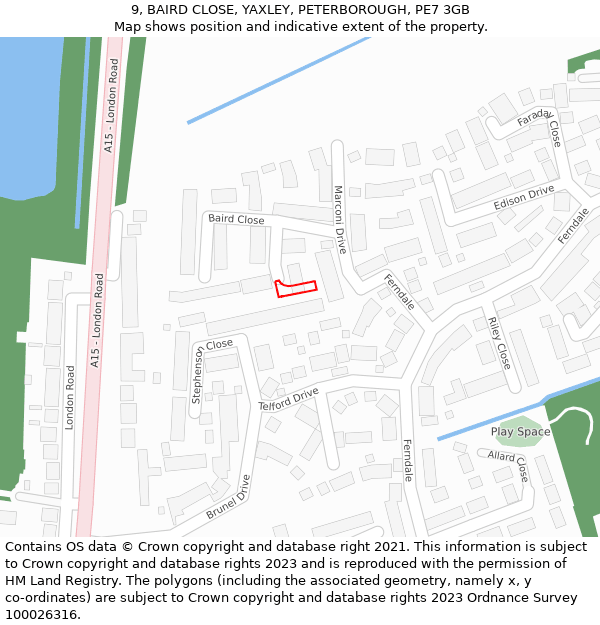 9, BAIRD CLOSE, YAXLEY, PETERBOROUGH, PE7 3GB: Location map and indicative extent of plot