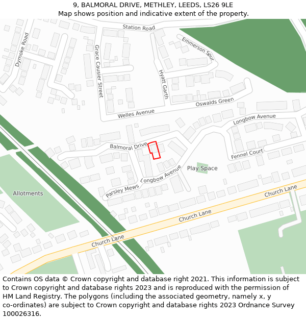 9, BALMORAL DRIVE, METHLEY, LEEDS, LS26 9LE: Location map and indicative extent of plot