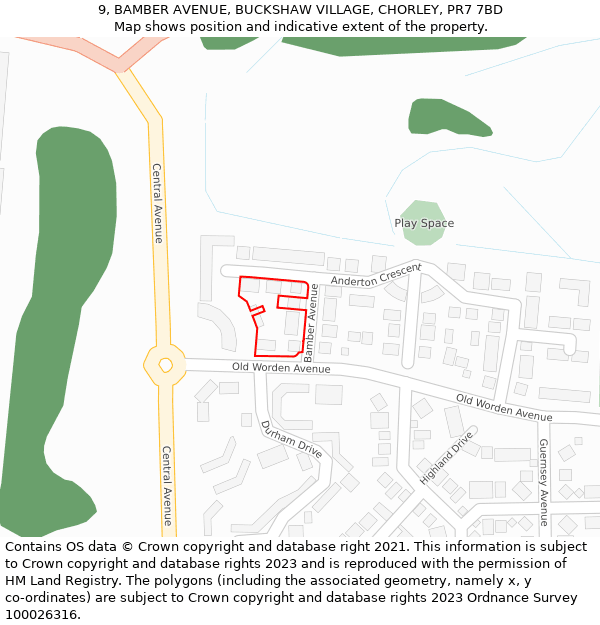 9, BAMBER AVENUE, BUCKSHAW VILLAGE, CHORLEY, PR7 7BD: Location map and indicative extent of plot