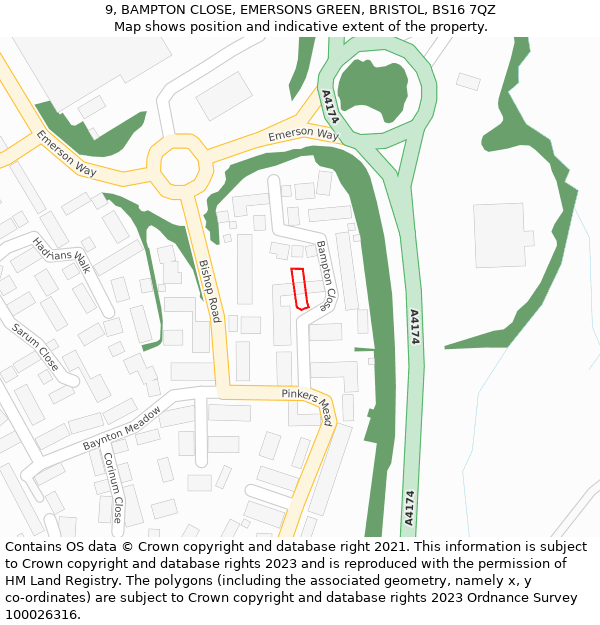 9, BAMPTON CLOSE, EMERSONS GREEN, BRISTOL, BS16 7QZ: Location map and indicative extent of plot