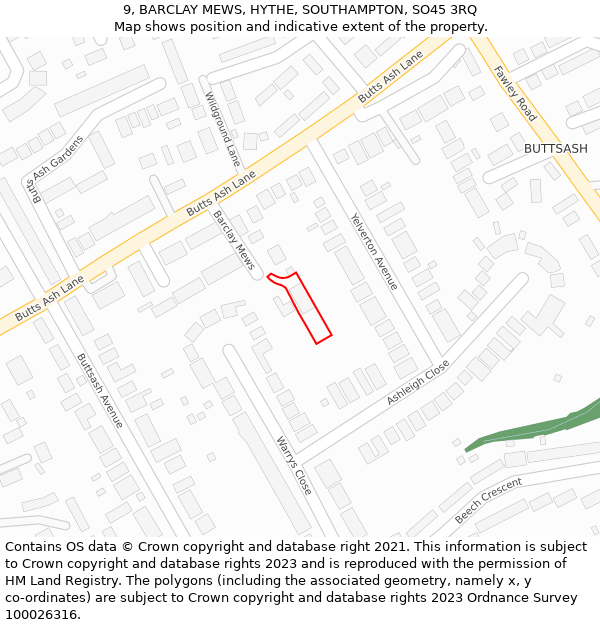 9, BARCLAY MEWS, HYTHE, SOUTHAMPTON, SO45 3RQ: Location map and indicative extent of plot