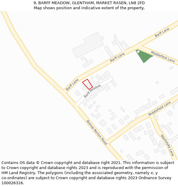 9, BARFF MEADOW, GLENTHAM, MARKET RASEN, LN8 2FD: Location map and indicative extent of plot