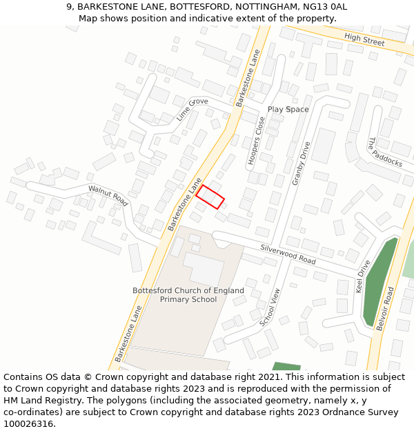 9, BARKESTONE LANE, BOTTESFORD, NOTTINGHAM, NG13 0AL: Location map and indicative extent of plot