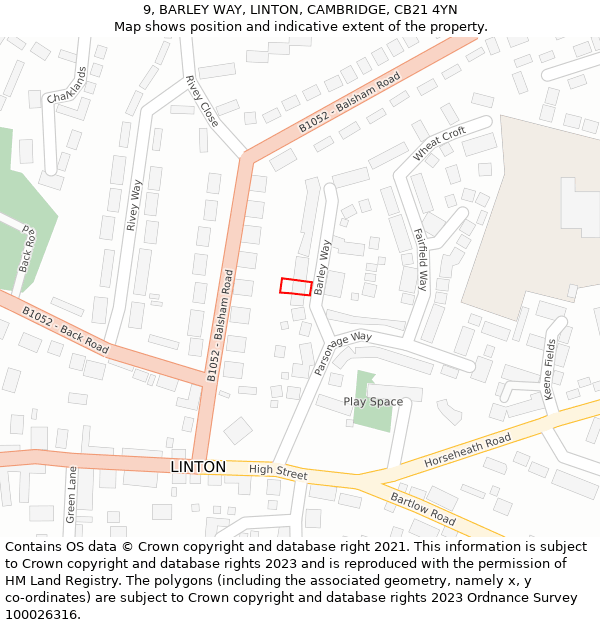 9, BARLEY WAY, LINTON, CAMBRIDGE, CB21 4YN: Location map and indicative extent of plot