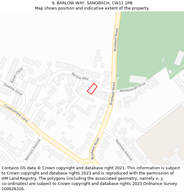 9, BARLOW WAY, SANDBACH, CW11 1PB: Location map and indicative extent of plot