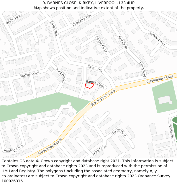 9, BARNES CLOSE, KIRKBY, LIVERPOOL, L33 4HP: Location map and indicative extent of plot