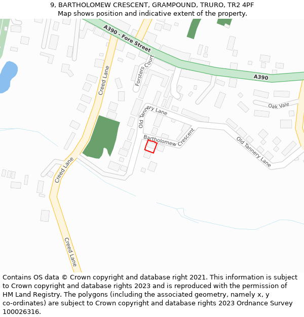 9, BARTHOLOMEW CRESCENT, GRAMPOUND, TRURO, TR2 4PF: Location map and indicative extent of plot