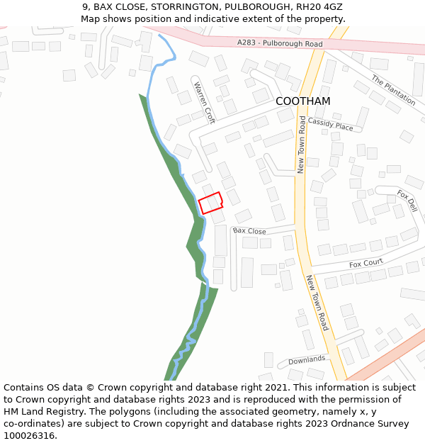 9, BAX CLOSE, STORRINGTON, PULBOROUGH, RH20 4GZ: Location map and indicative extent of plot