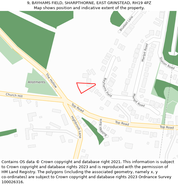 9, BAYHAMS FIELD, SHARPTHORNE, EAST GRINSTEAD, RH19 4PZ: Location map and indicative extent of plot