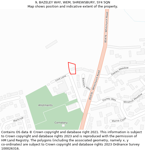 9, BAZELEY WAY, WEM, SHREWSBURY, SY4 5QN: Location map and indicative extent of plot