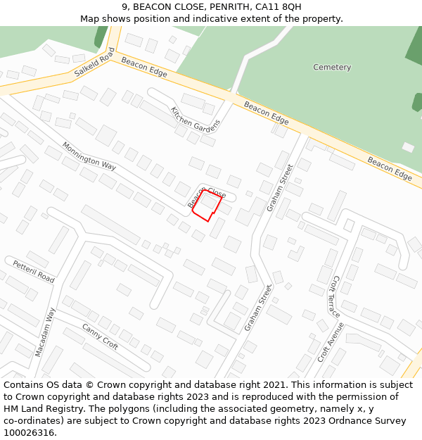 9, BEACON CLOSE, PENRITH, CA11 8QH: Location map and indicative extent of plot