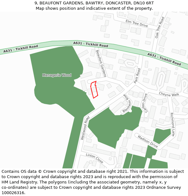 9, BEAUFONT GARDENS, BAWTRY, DONCASTER, DN10 6RT: Location map and indicative extent of plot