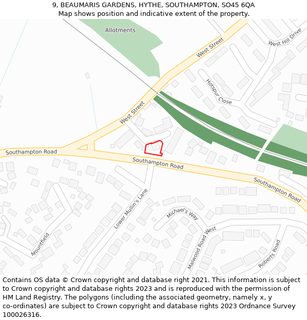 9, BEAUMARIS GARDENS, HYTHE, SOUTHAMPTON, SO45 6QA: Location map and indicative extent of plot