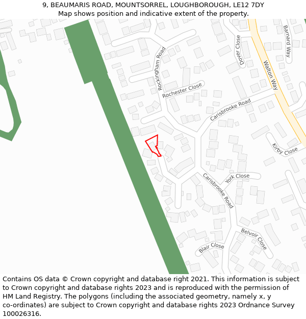 9, BEAUMARIS ROAD, MOUNTSORREL, LOUGHBOROUGH, LE12 7DY: Location map and indicative extent of plot