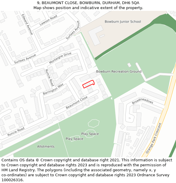 9, BEAUMONT CLOSE, BOWBURN, DURHAM, DH6 5QA: Location map and indicative extent of plot