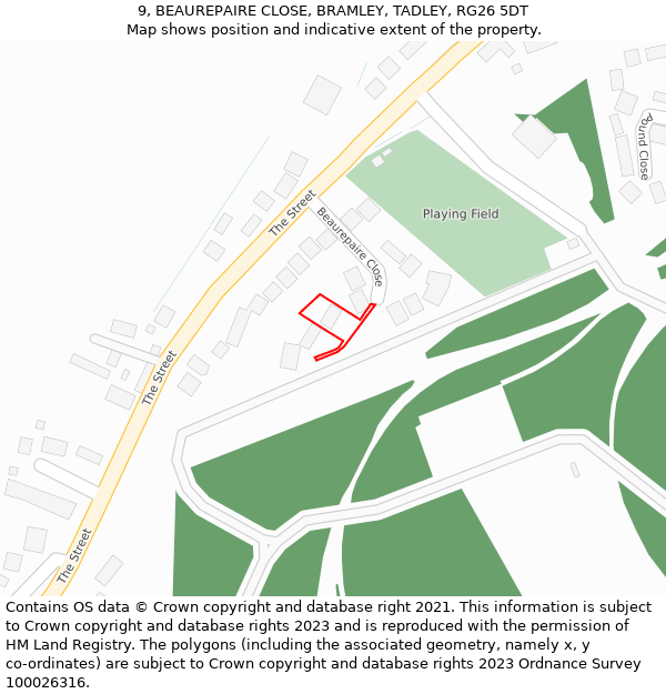9, BEAUREPAIRE CLOSE, BRAMLEY, TADLEY, RG26 5DT: Location map and indicative extent of plot