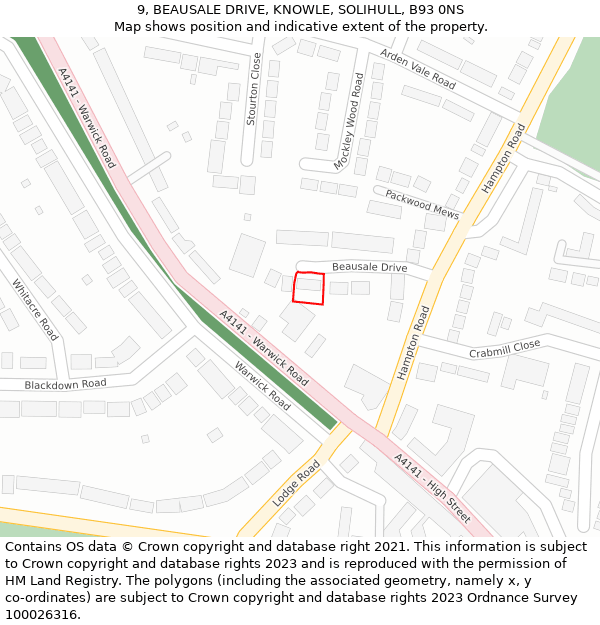 9, BEAUSALE DRIVE, KNOWLE, SOLIHULL, B93 0NS: Location map and indicative extent of plot