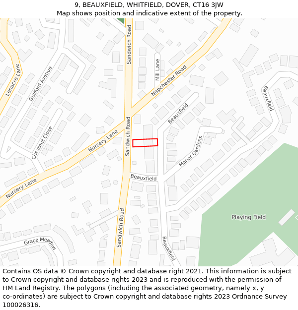9, BEAUXFIELD, WHITFIELD, DOVER, CT16 3JW: Location map and indicative extent of plot
