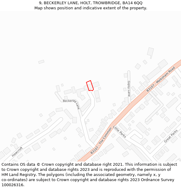 9, BECKERLEY LANE, HOLT, TROWBRIDGE, BA14 6QQ: Location map and indicative extent of plot