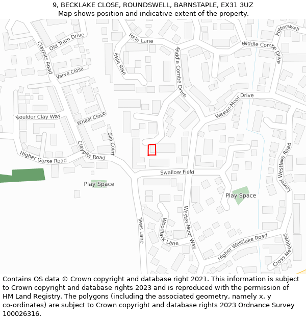 9, BECKLAKE CLOSE, ROUNDSWELL, BARNSTAPLE, EX31 3UZ: Location map and indicative extent of plot