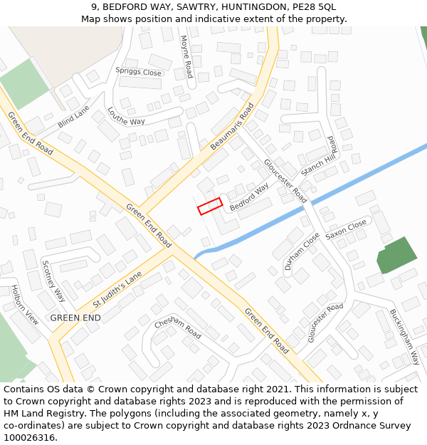 9, BEDFORD WAY, SAWTRY, HUNTINGDON, PE28 5QL: Location map and indicative extent of plot