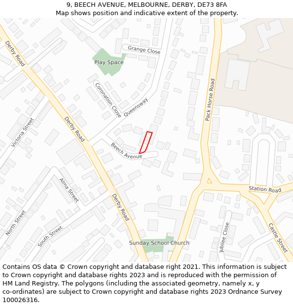 9, BEECH AVENUE, MELBOURNE, DERBY, DE73 8FA: Location map and indicative extent of plot