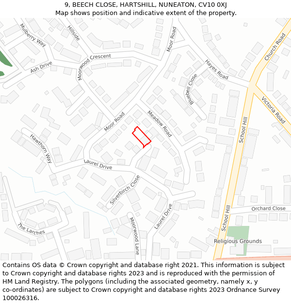 9, BEECH CLOSE, HARTSHILL, NUNEATON, CV10 0XJ: Location map and indicative extent of plot