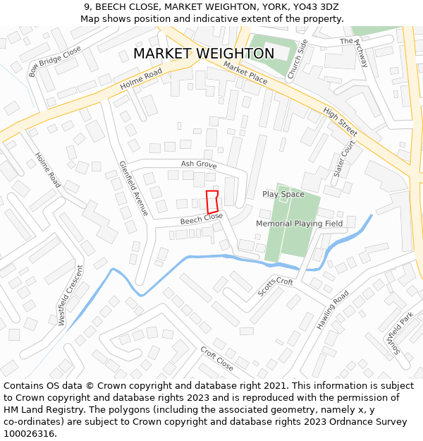 9, BEECH CLOSE, MARKET WEIGHTON, YORK, YO43 3DZ: Location map and indicative extent of plot