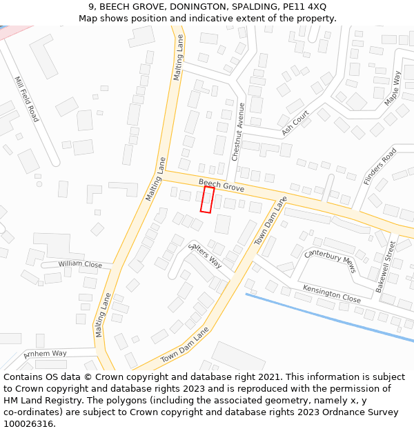 9, BEECH GROVE, DONINGTON, SPALDING, PE11 4XQ: Location map and indicative extent of plot